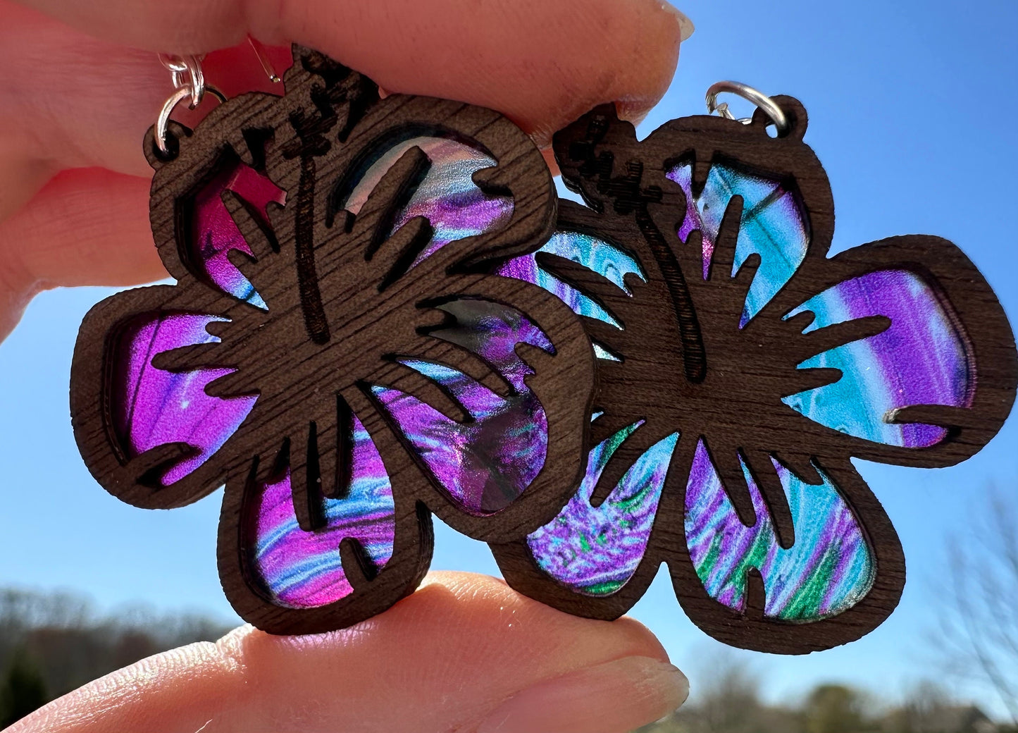 Hibiscus Flower Earrings: Colorful Stained Glass Look, Walnut Wood suncatcher jewelry