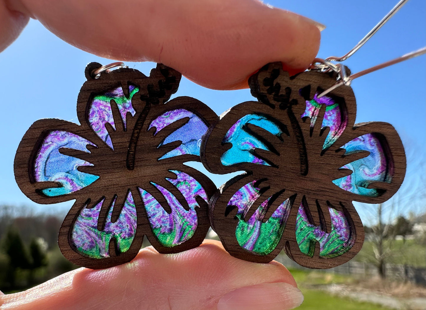 Hibiscus Flower Earrings: Colorful Stained Glass Look, Walnut Wood suncatcher jewelry