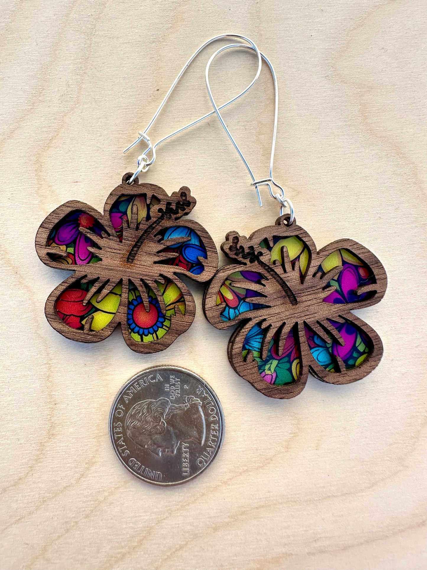 Hibiscus Flower Earrings: Colorful Stained Glass Look, Walnut Wood suncatcher jewelry