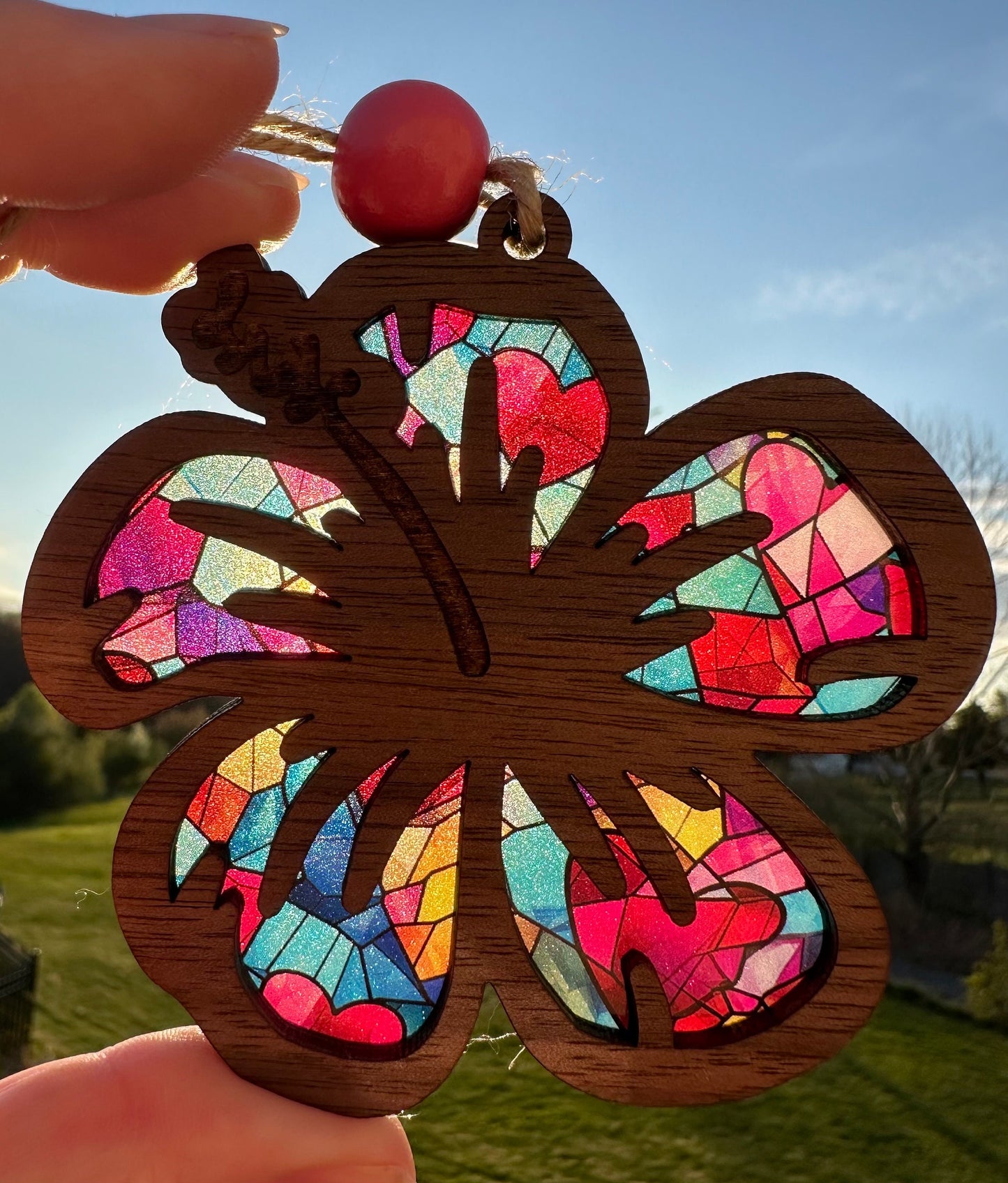 Hibiscus Wood Car Charm: Stained Glass Look Suncatcher ornament