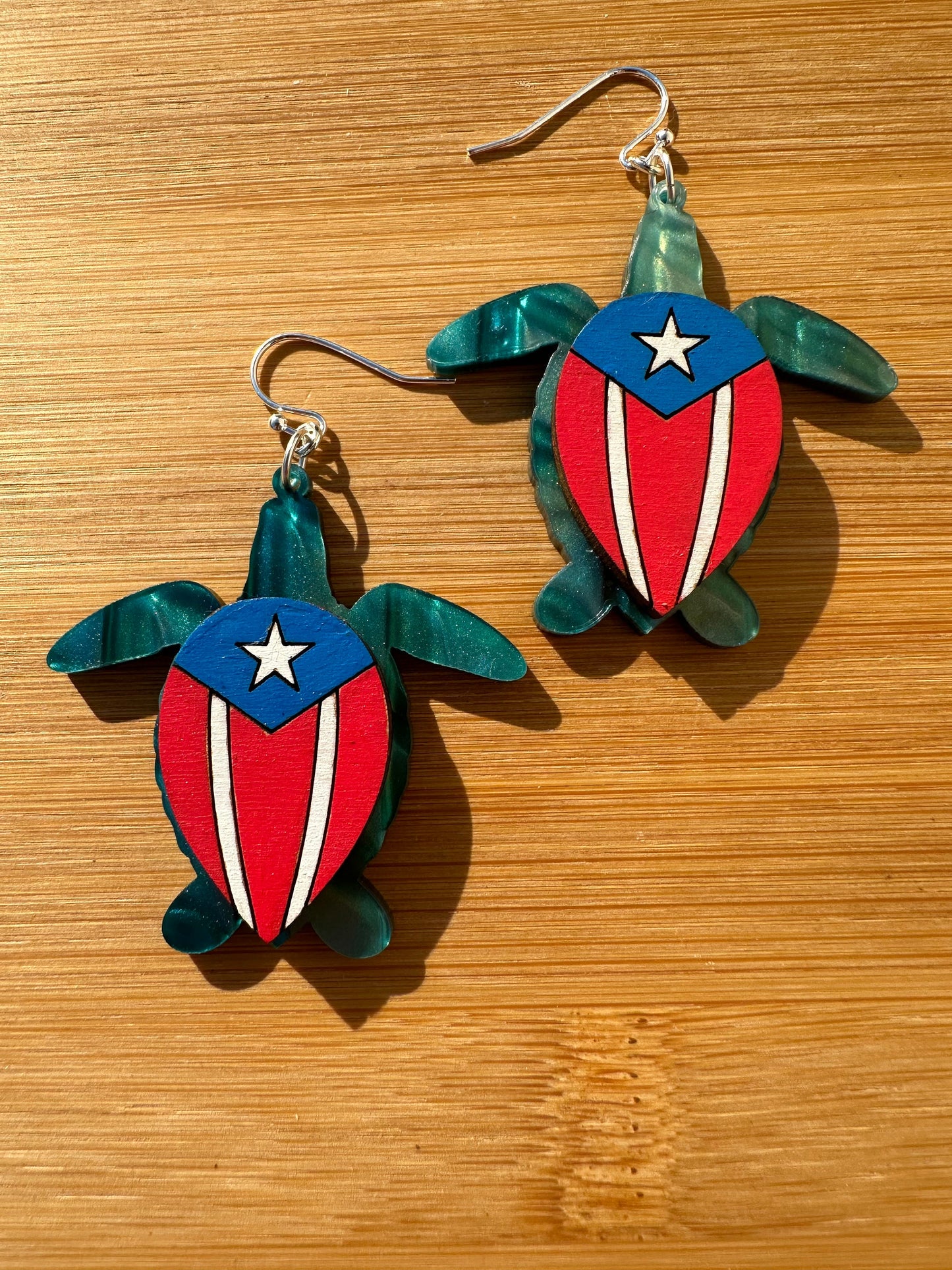 Puerto Rican Flag Sea Turtle Earrings: Hand-Painted Caribbean Art