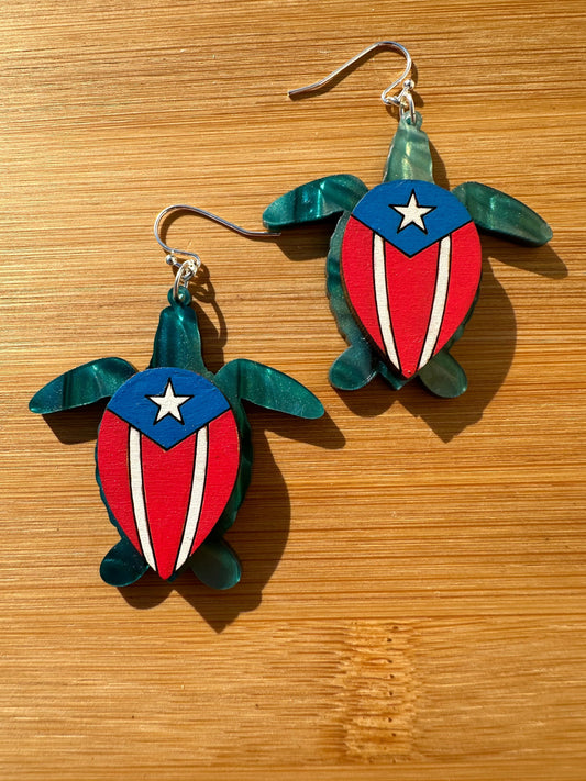 Puerto Rican Flag Sea Turtle Earrings: Hand-Painted Caribbean Art