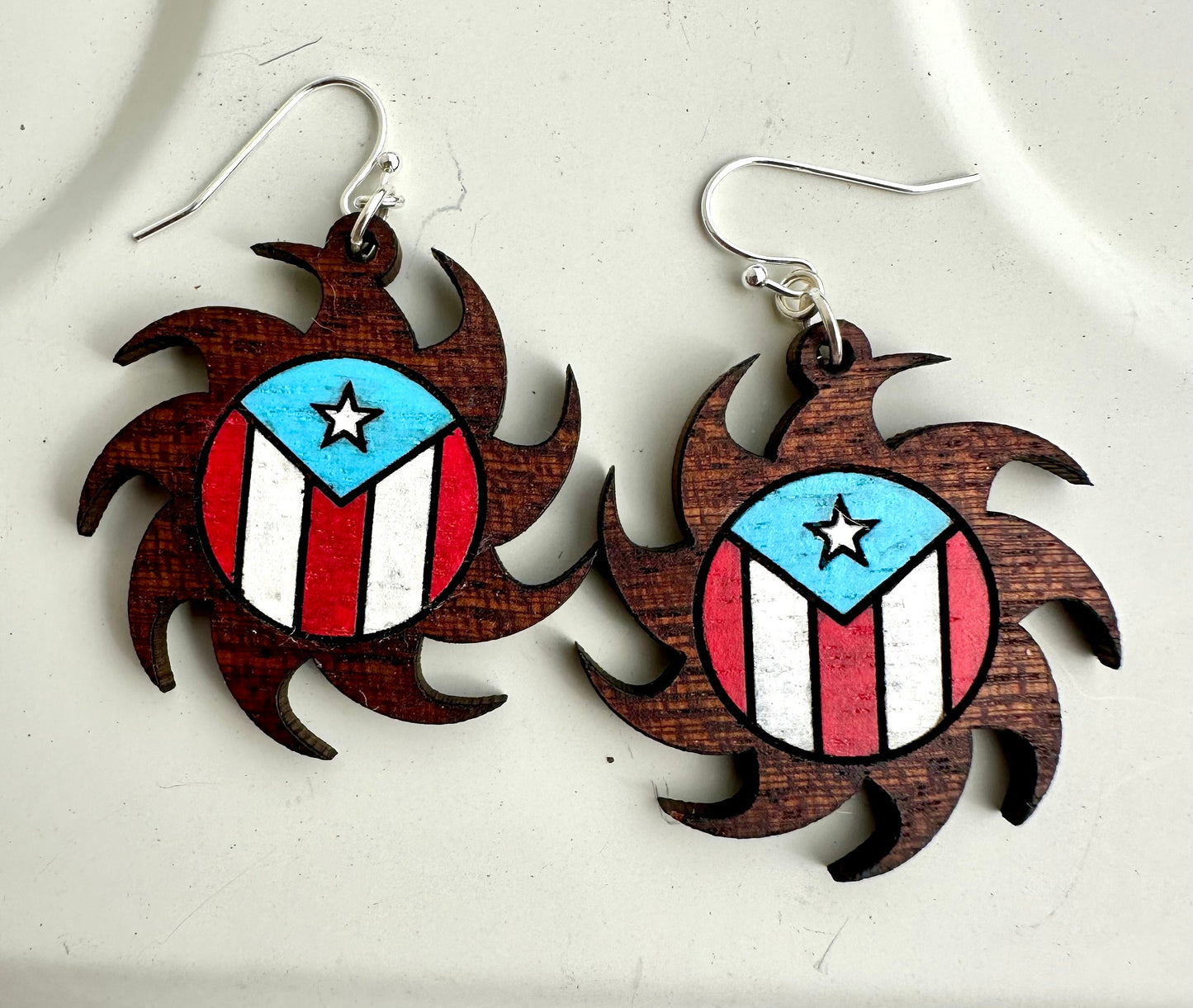 Tribal Sun Puerto Rican Flag Earrings: Sapele Wood hand painted Dangle Jewelry