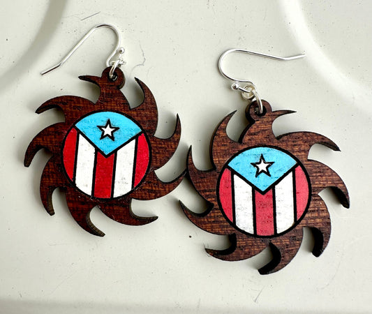 Tribal Sun Puerto Rican Flag Earrings: Sapele Wood hand painted Dangle Jewelry
