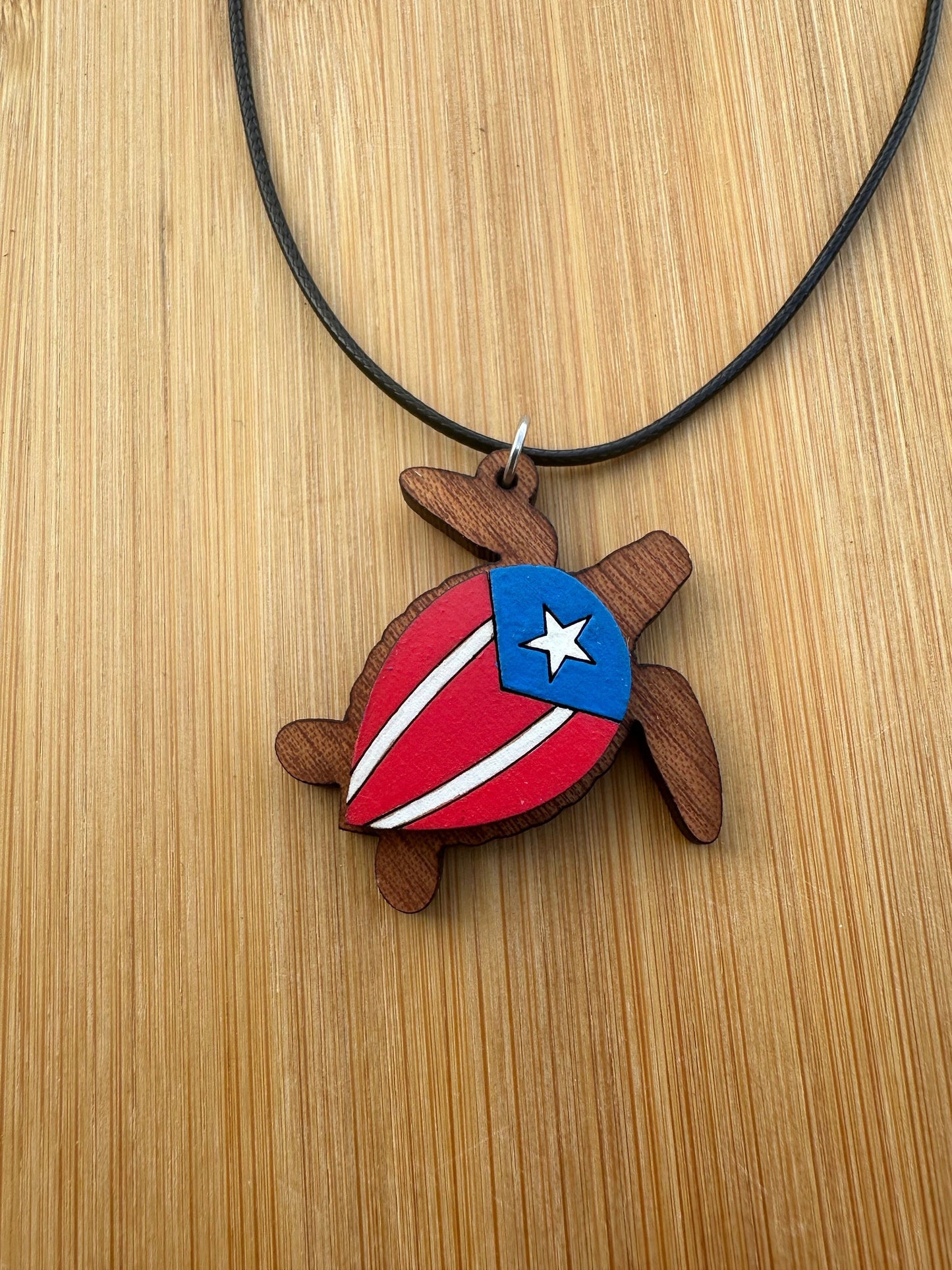 Hand-Painted Sea Turtle Pendant: Puerto Rican Flag Art, Sapele Wood