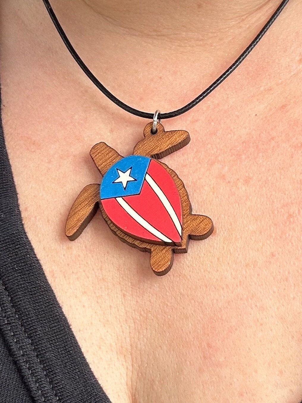 Hand-Painted Sea Turtle Pendant: Puerto Rican Flag Art, Sapele Wood