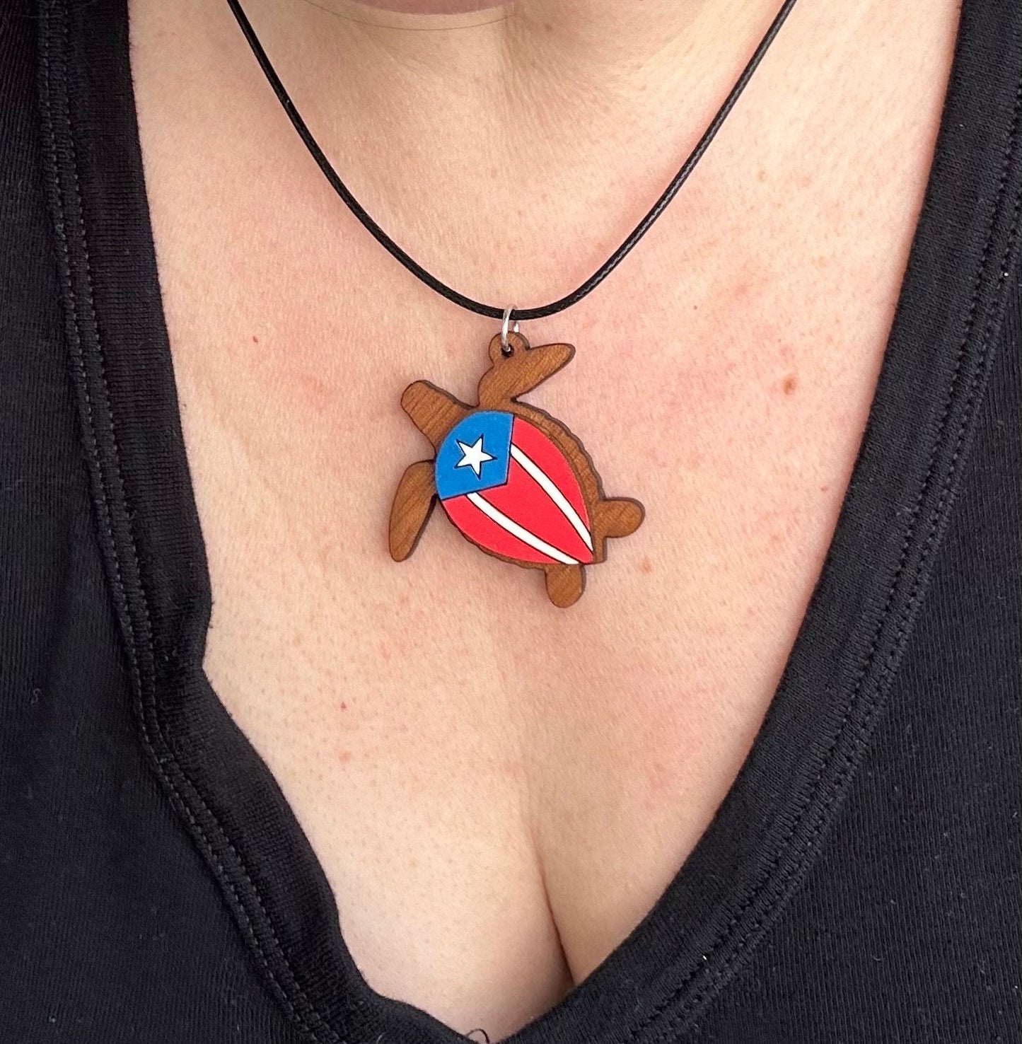 Hand-Painted Sea Turtle Pendant: Puerto Rican Flag Art, Sapele Wood