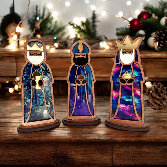 Handmade Three Kings Wooden Figures large: Stained Glass Look Candle Holders, Puerto Rico art