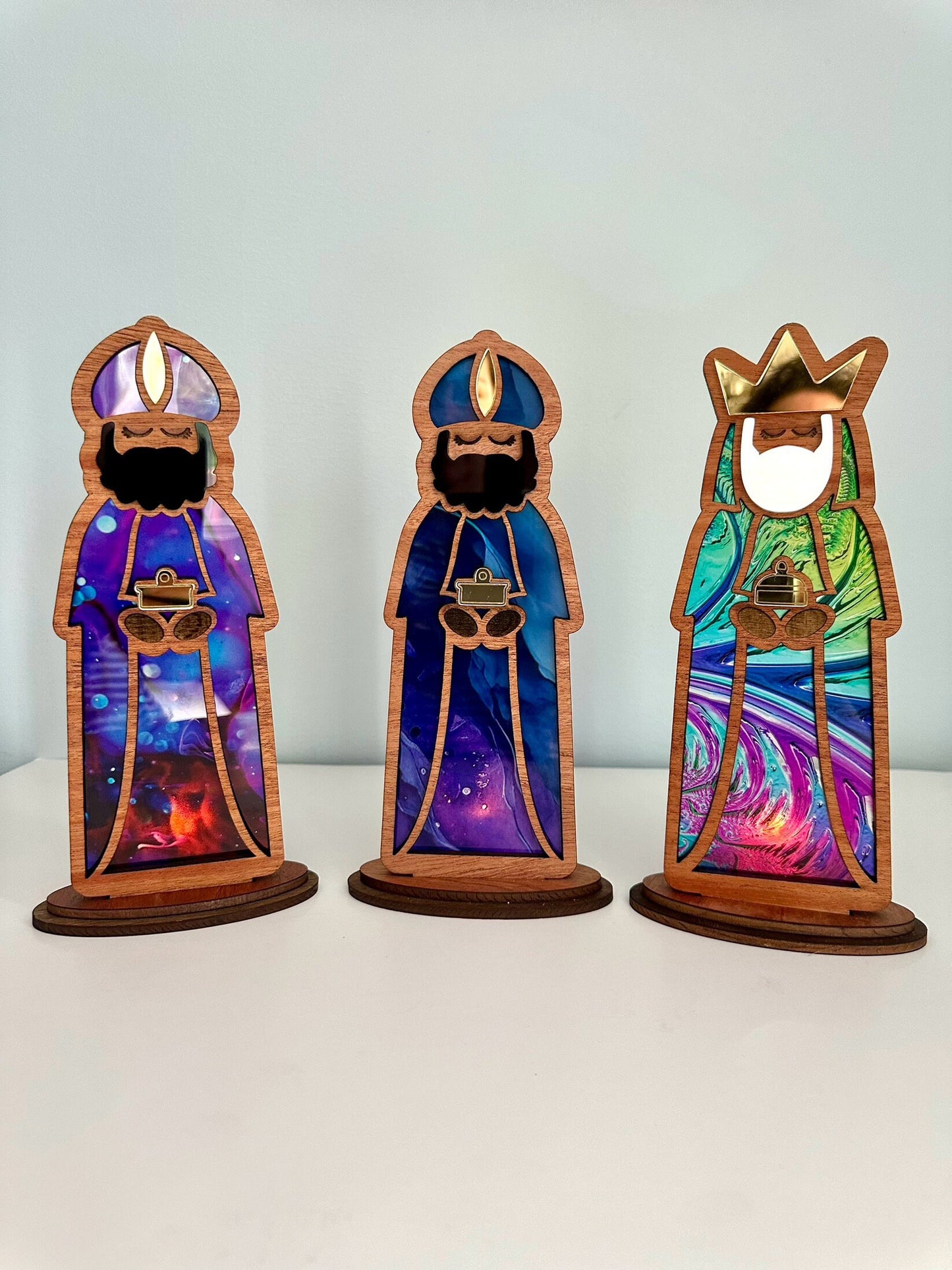 Handmade Three Kings Wooden Figures large: Stained Glass Look Candle Holders, Puerto Rico art