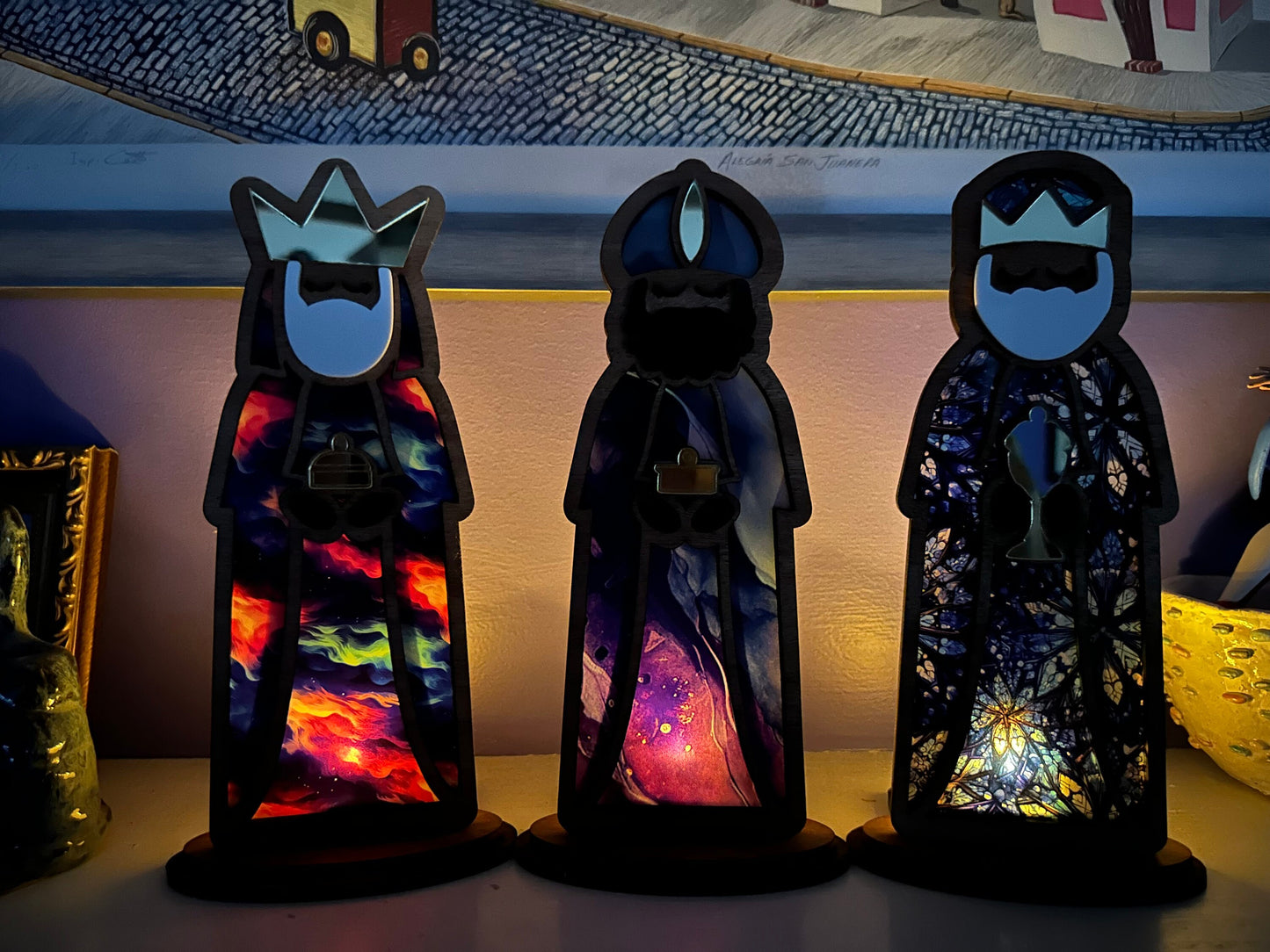 Handmade Three Kings Wooden Figures large: Stained Glass Look Candle Holders, Puerto Rico art