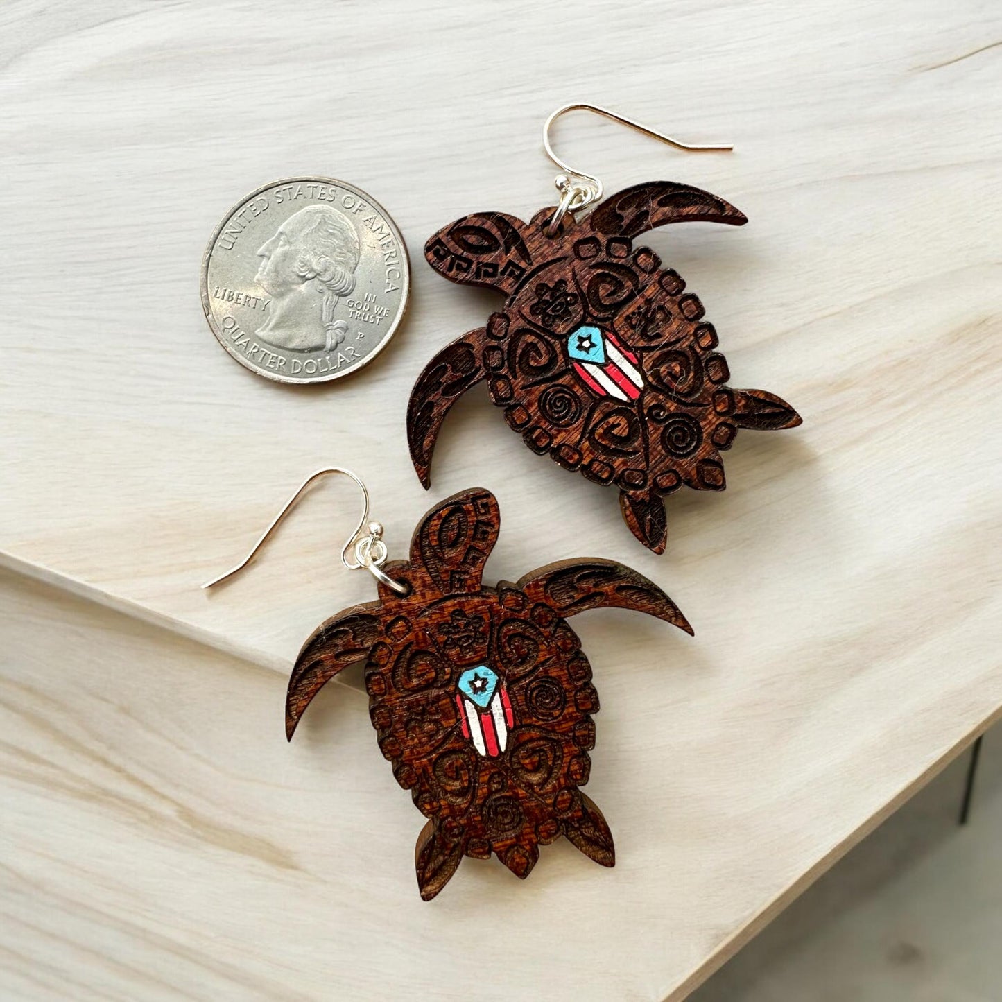 Hand-Painted Sea Turtle Earrings: Puerto Rican Taino Art, Sapele Wood