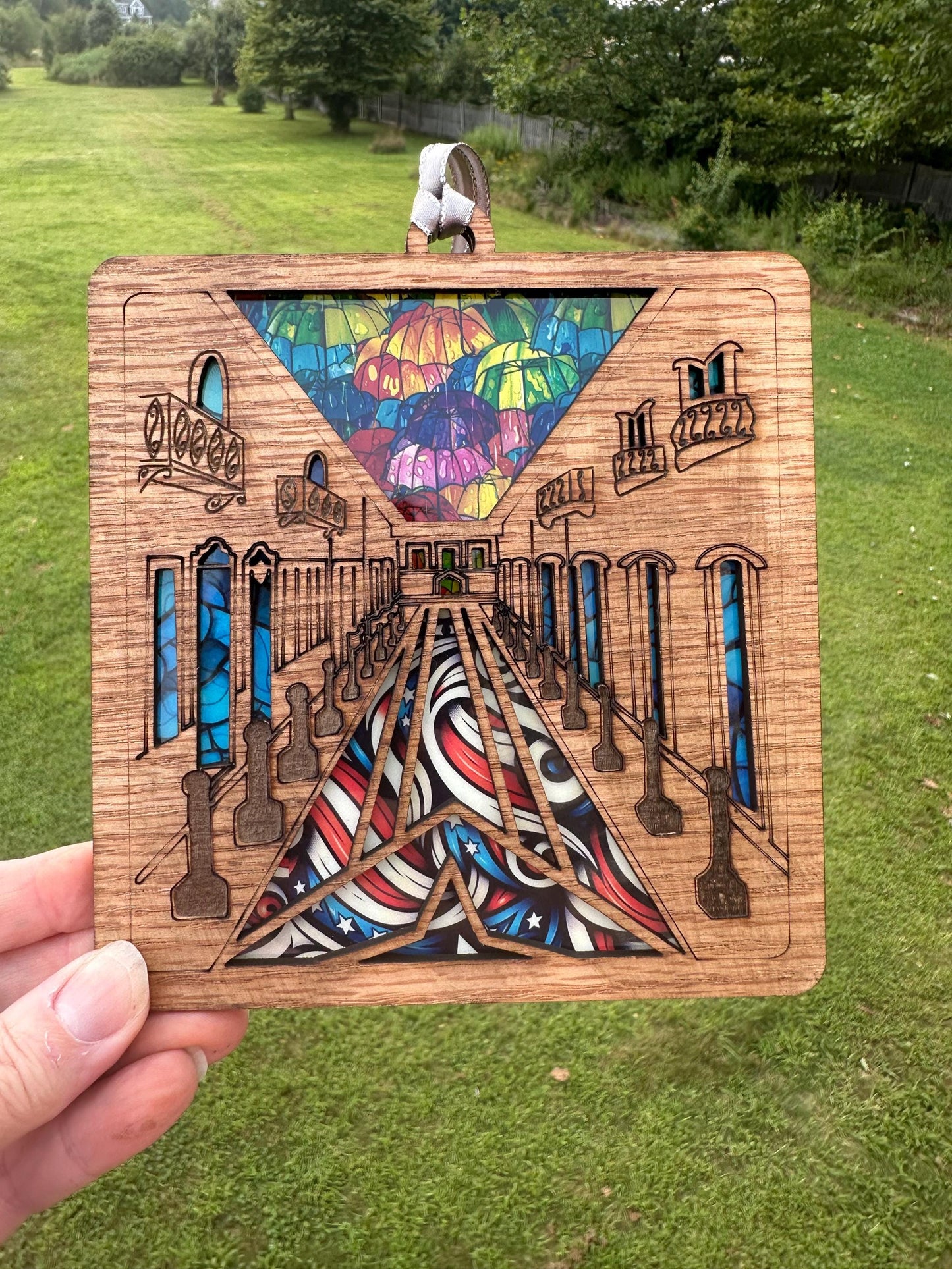 Calle Fortaleza Suncatcher: Puerto Rico Umbrellas, Red Oak Window Art