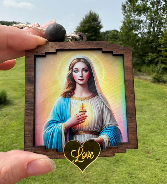 Virgin Mary Ornament: Sacred Heart Suncatcher, Religious Christmas Keepsake, stained glass look window art