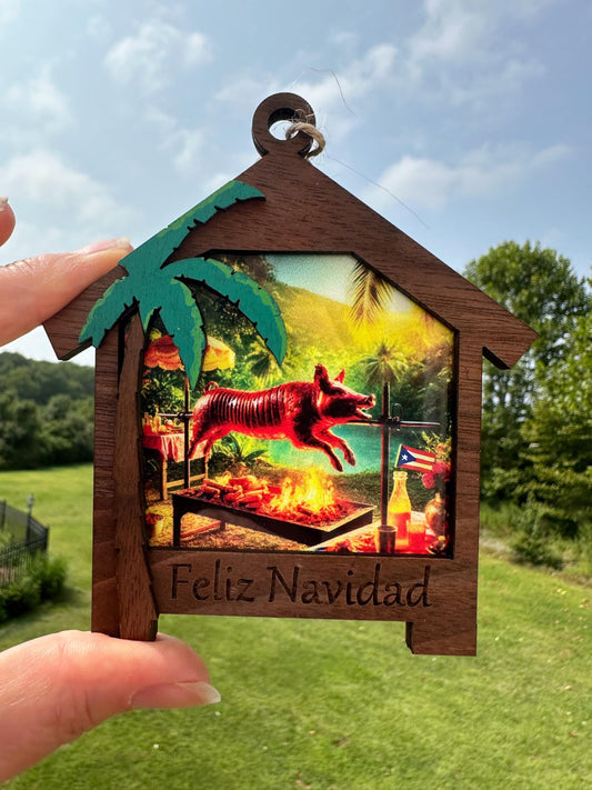 Parranda Lechón Ornament: Hand-Painted Puerto Rico Suncatcher Car Charm, stained glass look