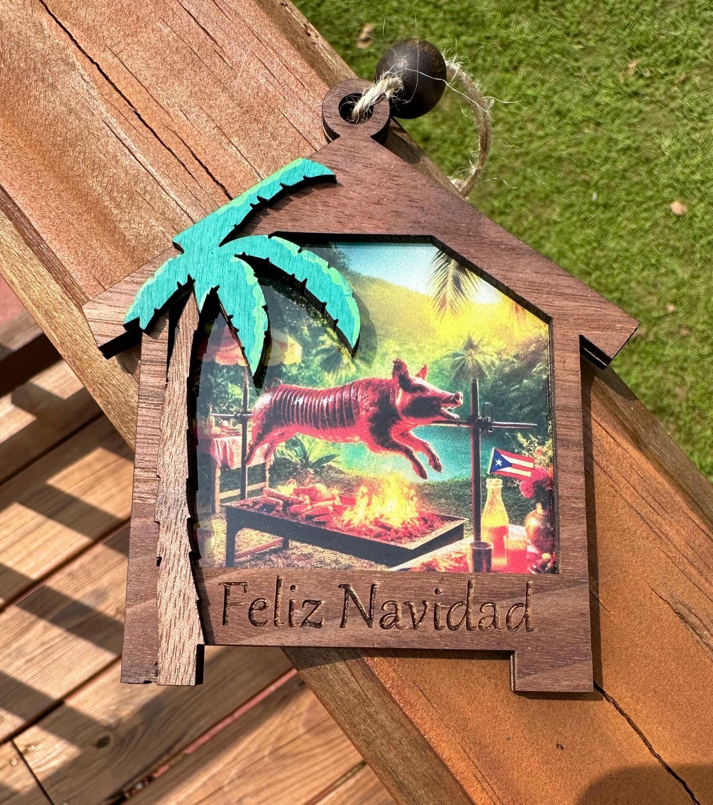 Parranda Lechón Ornament: Hand-Painted Puerto Rico Suncatcher Car Charm, stained glass look