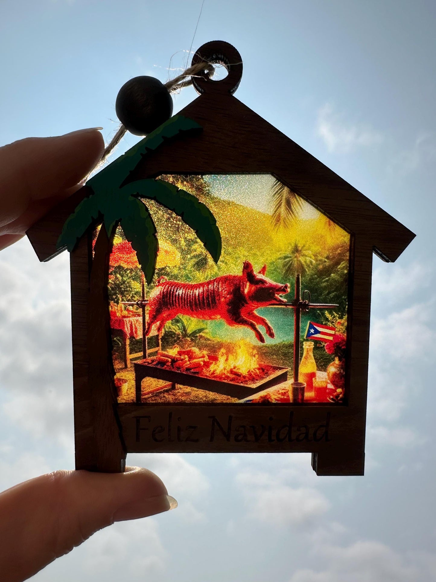 Parranda Lechón Ornament: Hand-Painted Puerto Rico Suncatcher Car Charm, stained glass look