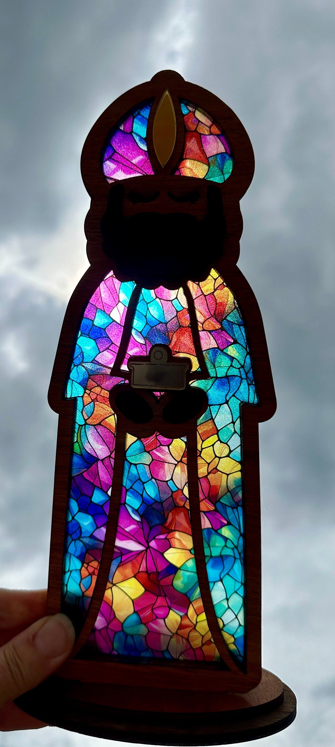Handmade Three Kings Wooden Figures large: Stained Glass Look Candle Holders, Puerto Rico art