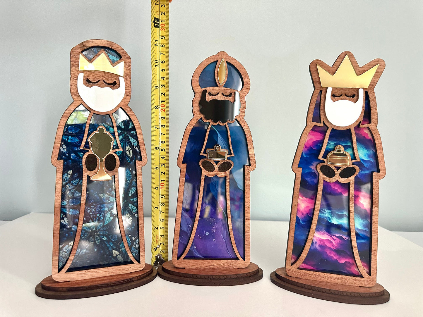 Handmade Three Kings Wooden Figures large: Stained Glass Look Candle Holders, Puerto Rico art