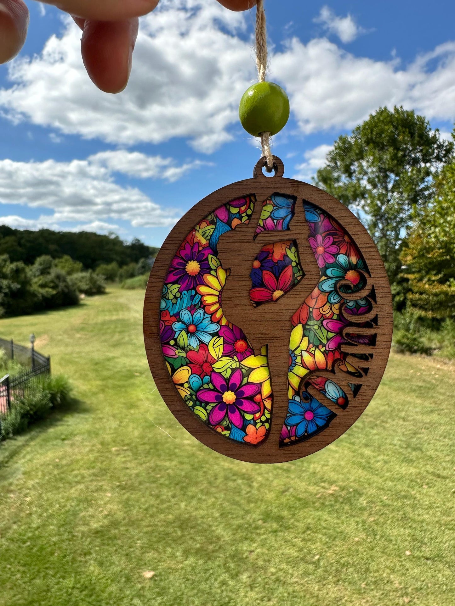 Walnut Dance Car Charm: Stained Glass look Floral Dancer suncatcher Ornament