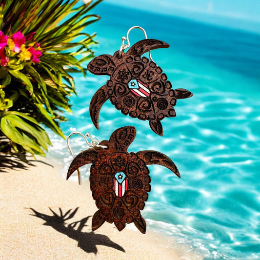 Hand-Painted Sea Turtle Earrings: Puerto Rican Taino Art, Sapele Wood