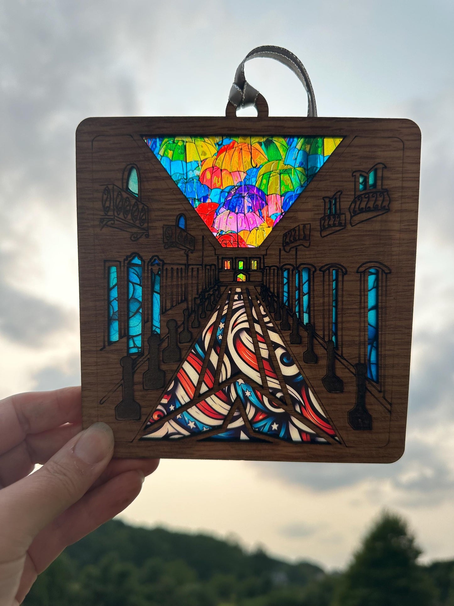 Calle Fortaleza Suncatcher: Puerto Rico Umbrellas, Red Oak Window Art