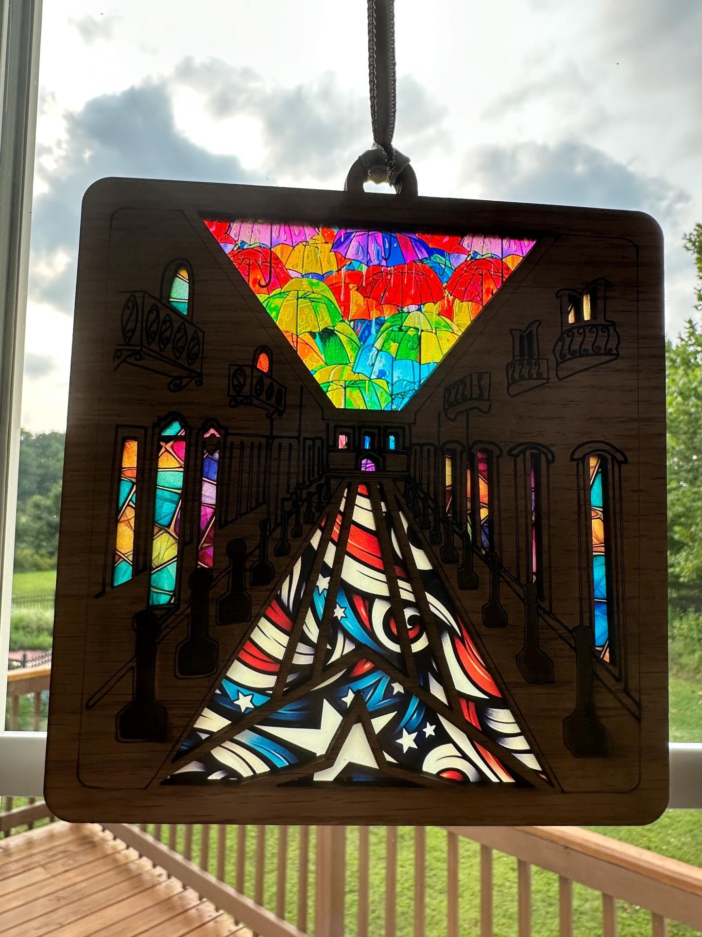 Calle Fortaleza Suncatcher: Puerto Rico Umbrellas, Red Oak Window Art