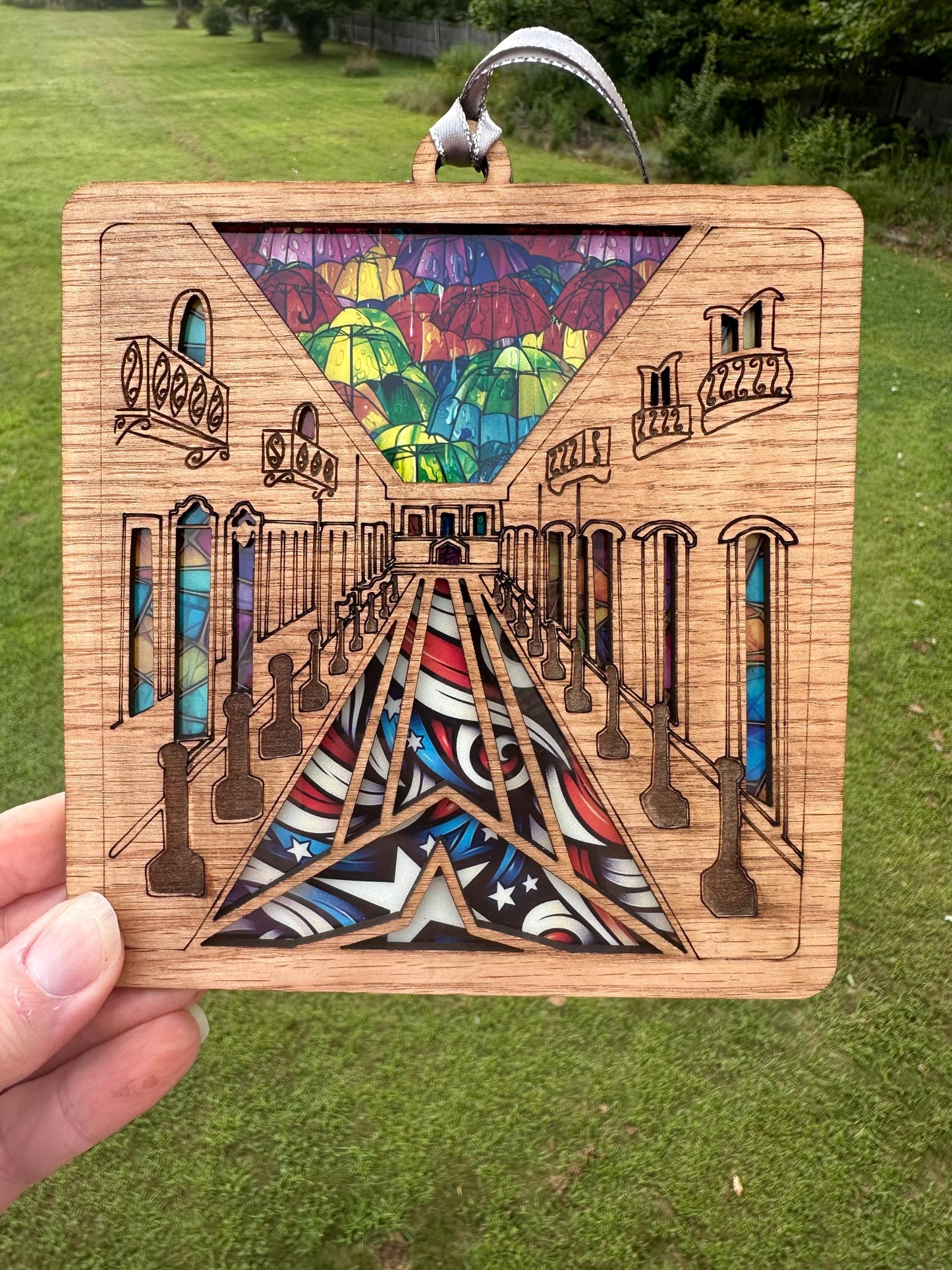 Calle Fortaleza Suncatcher: Puerto Rico Umbrellas, Red Oak Window Art