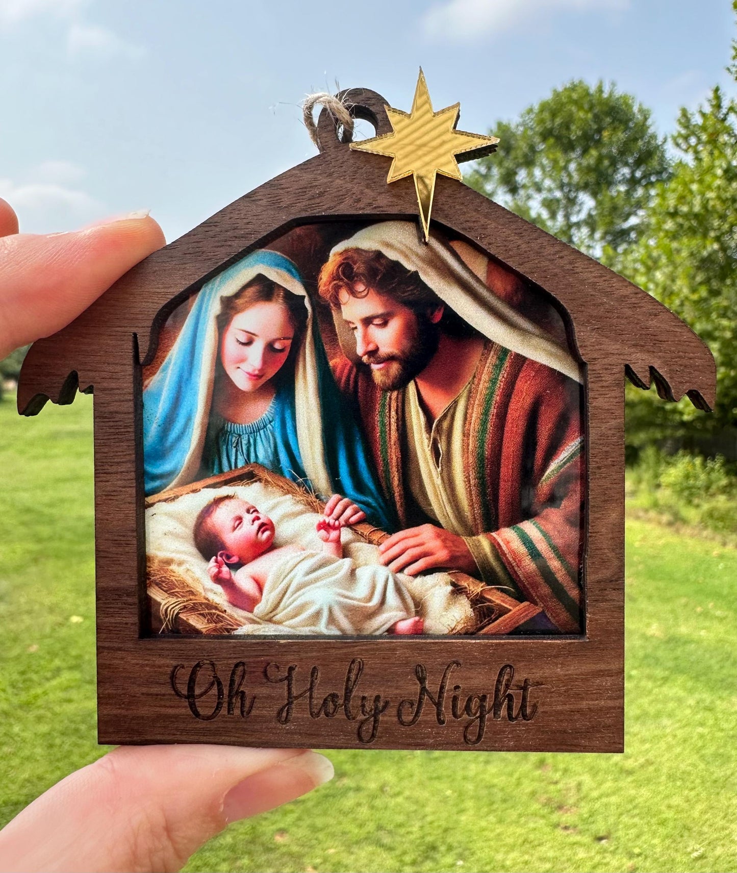 Nativity Ornament: Stained Glass Look suncatcher, Walnut or maple Wood, Gold Star