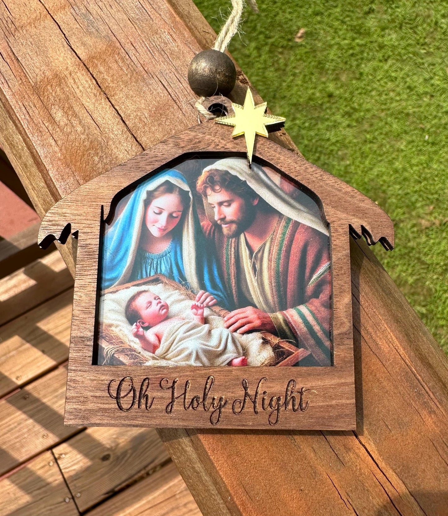 Nativity Ornament: Stained Glass Look suncatcher, Walnut or maple Wood, Gold Star