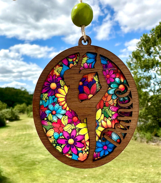Walnut Dance Car Charm: Stained Glass look Floral Dancer suncatcher Ornament