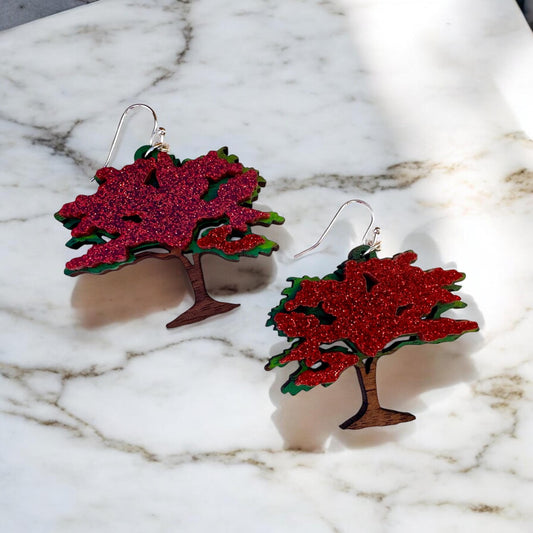 Handpainted Glitter Flamboyan Tree Earrings: Caribbean Art Jewelry, Puerto Rico art