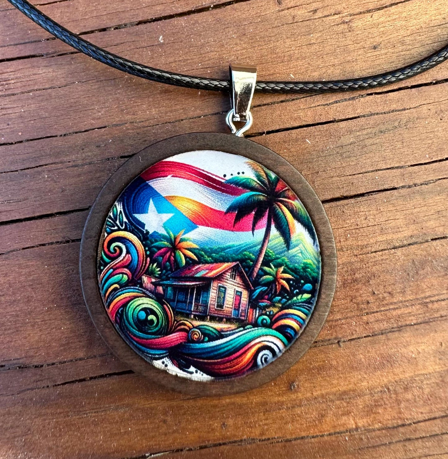 Puerto Rican Flag Casita Necklace: Wooden Pendant, Boricua Jewelry