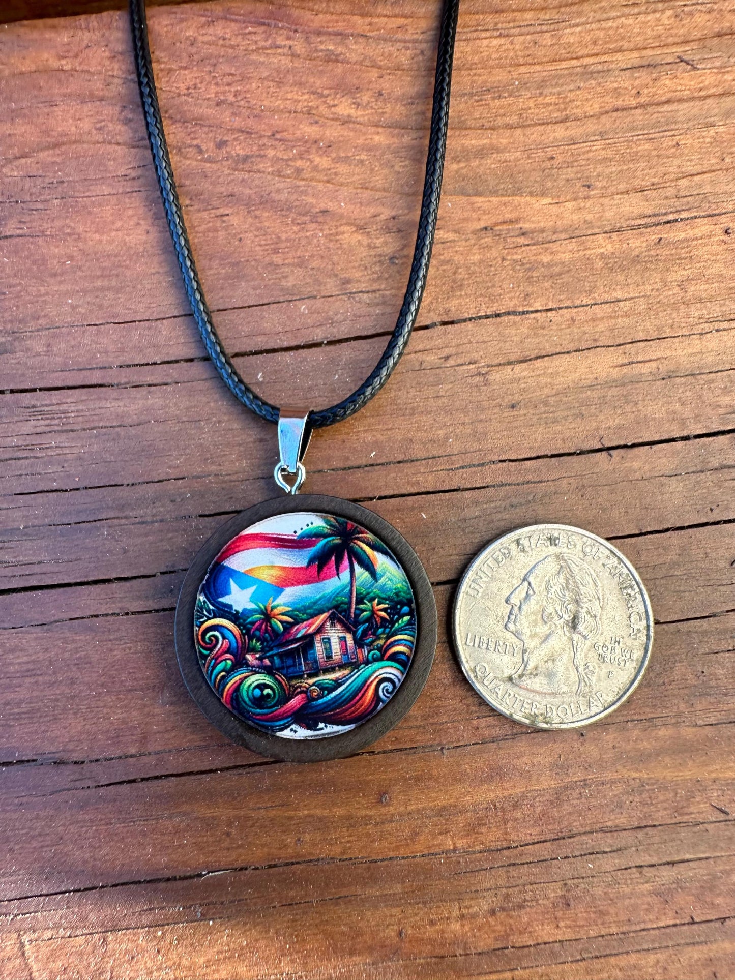 Puerto Rican Flag Casita Necklace: Wooden Pendant, Boricua Jewelry