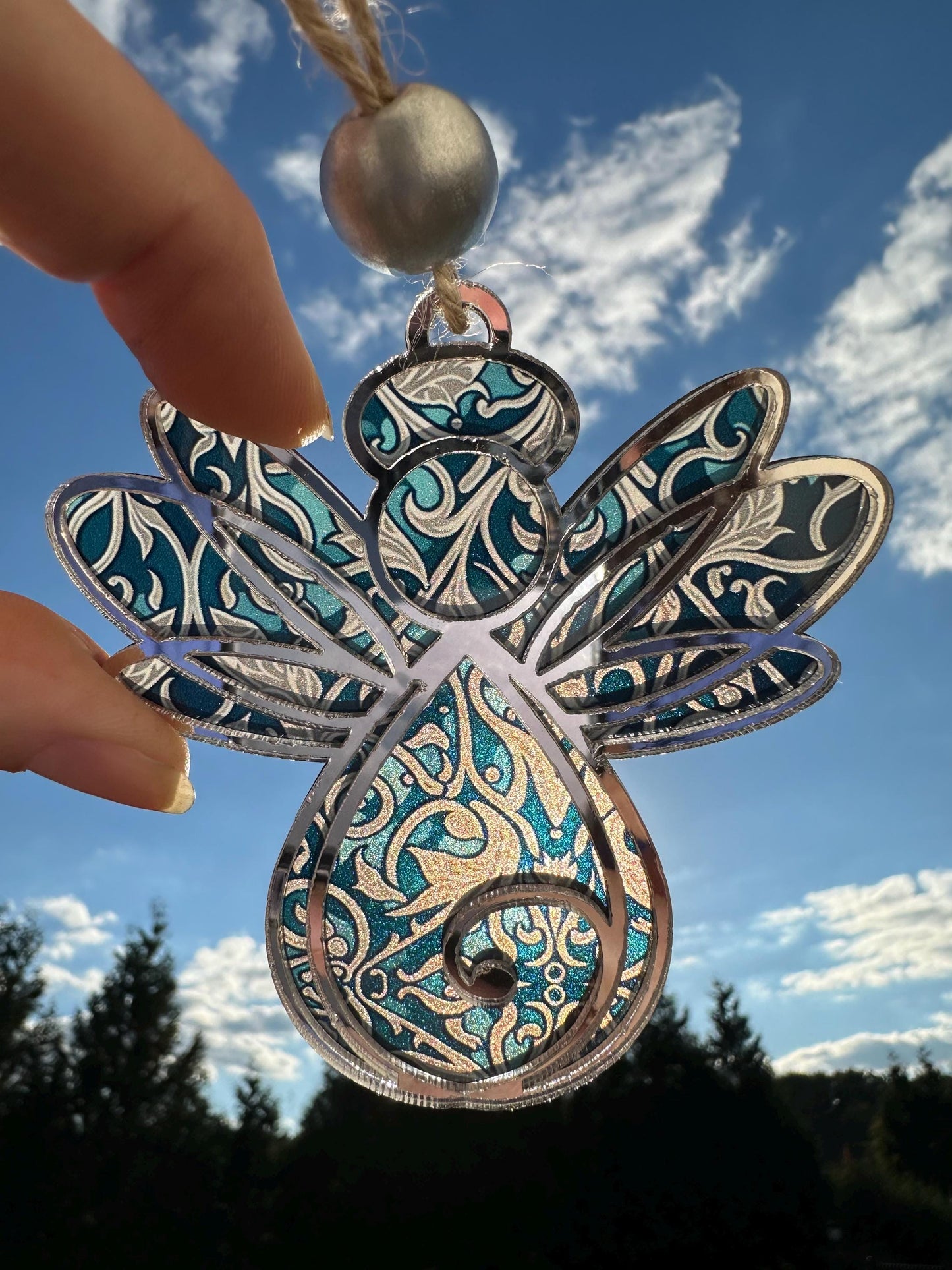 Angel Suncatcher: Silver Mirror & Faux Stained Glass Ornament