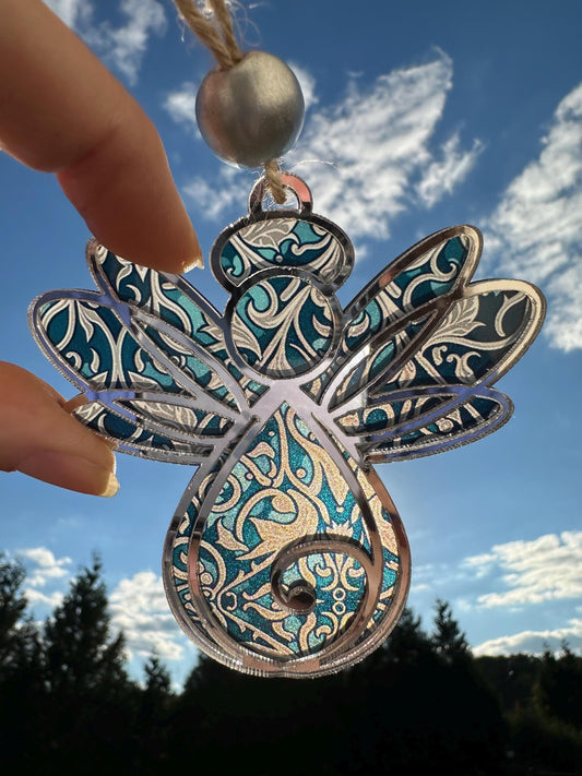 Angel Suncatcher: Silver Mirror & Faux Stained Glass Ornament