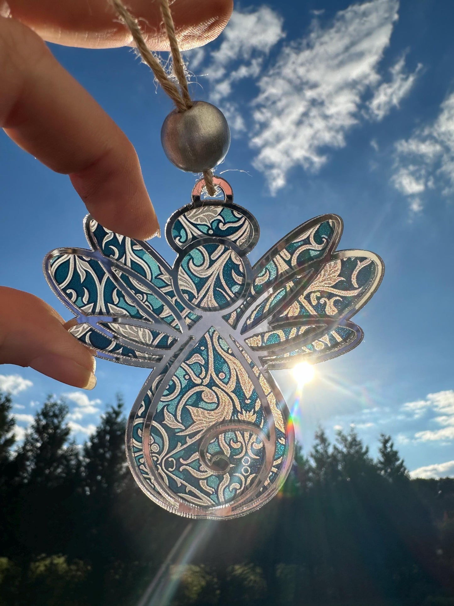 Angel Suncatcher: Silver Mirror & Faux Stained Glass Ornament