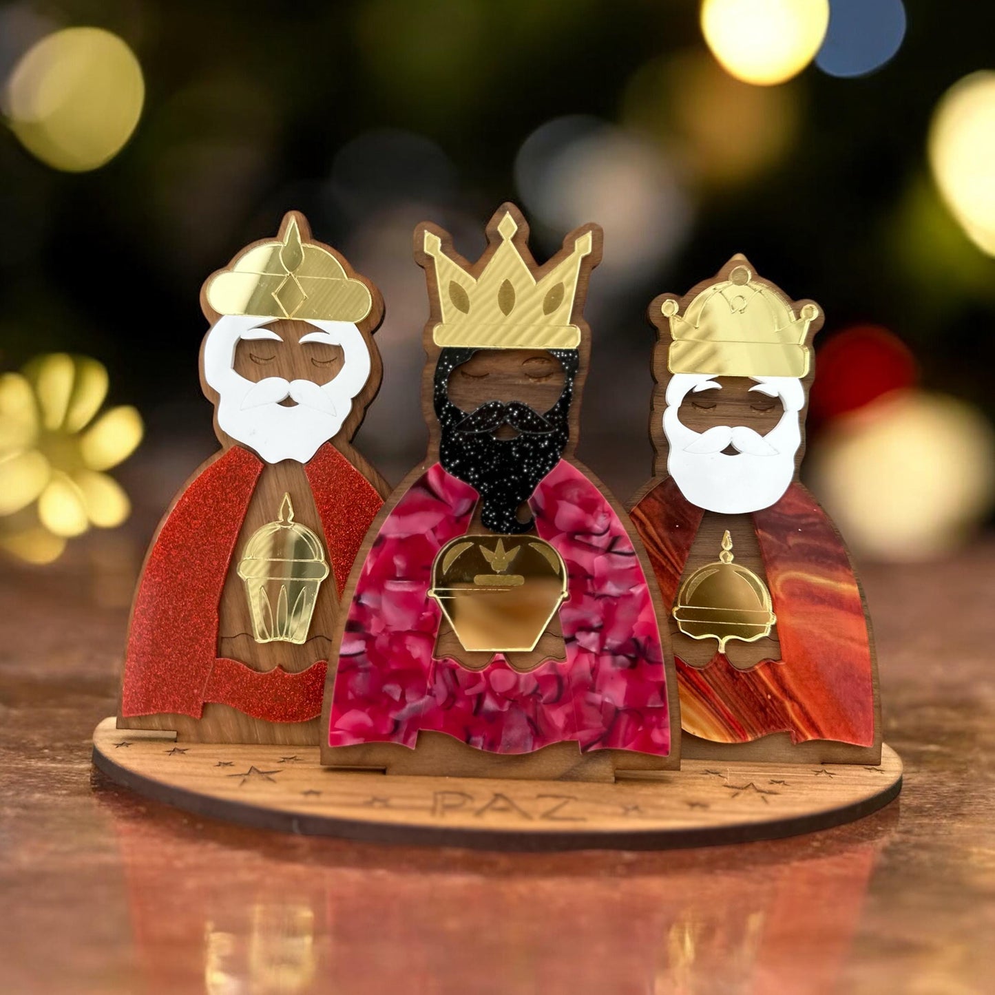 Handmade Mahogany Three Kings: Colorful acrylic tres Reyes Puerto Rico Art