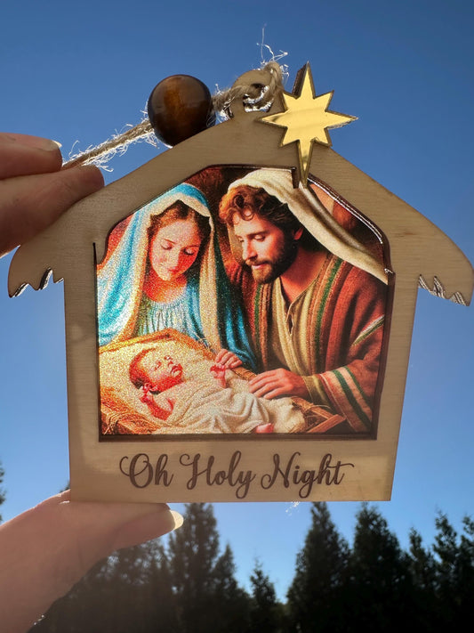 Nativity Ornament: Stained Glass Look suncatcher, Walnut or maple Wood, Gold Star