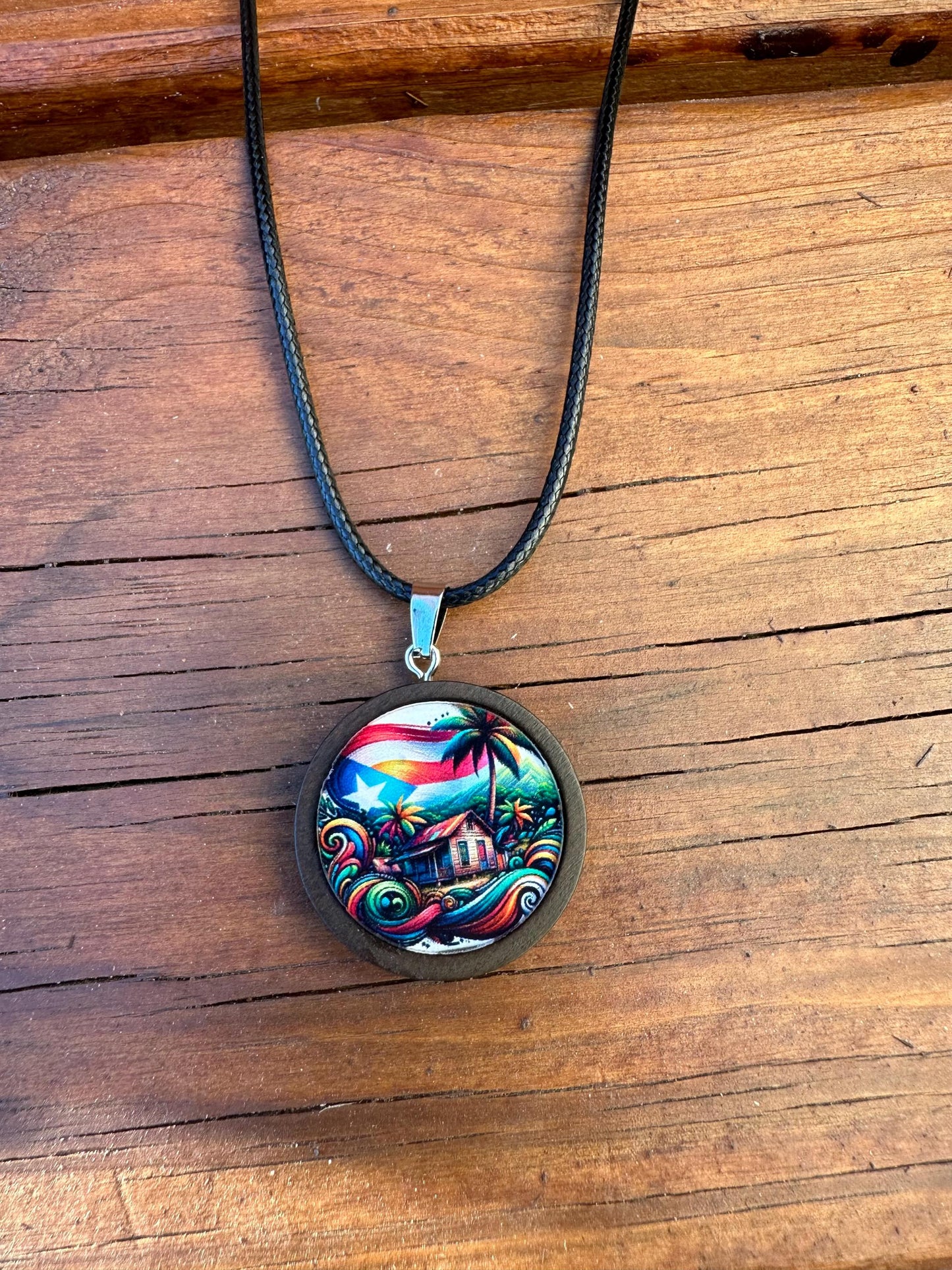 Puerto Rican Flag Casita Necklace: Wooden Pendant, Boricua Jewelry