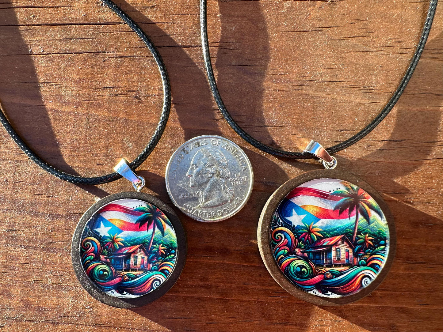 Puerto Rican Flag Casita Necklace: Wooden Pendant, Boricua Jewelry