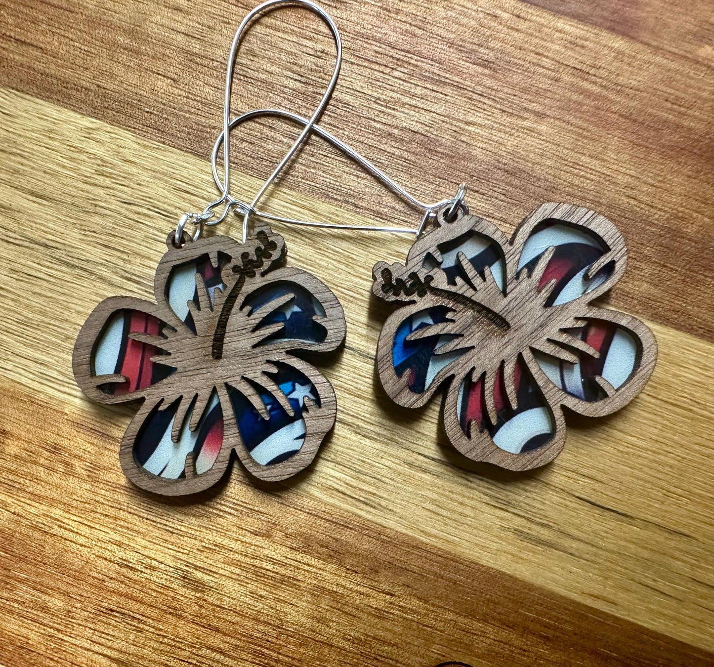 Hibiscus Flower Earrings: Colorful Stained Glass Look, Walnut Wood suncatcher jewelry