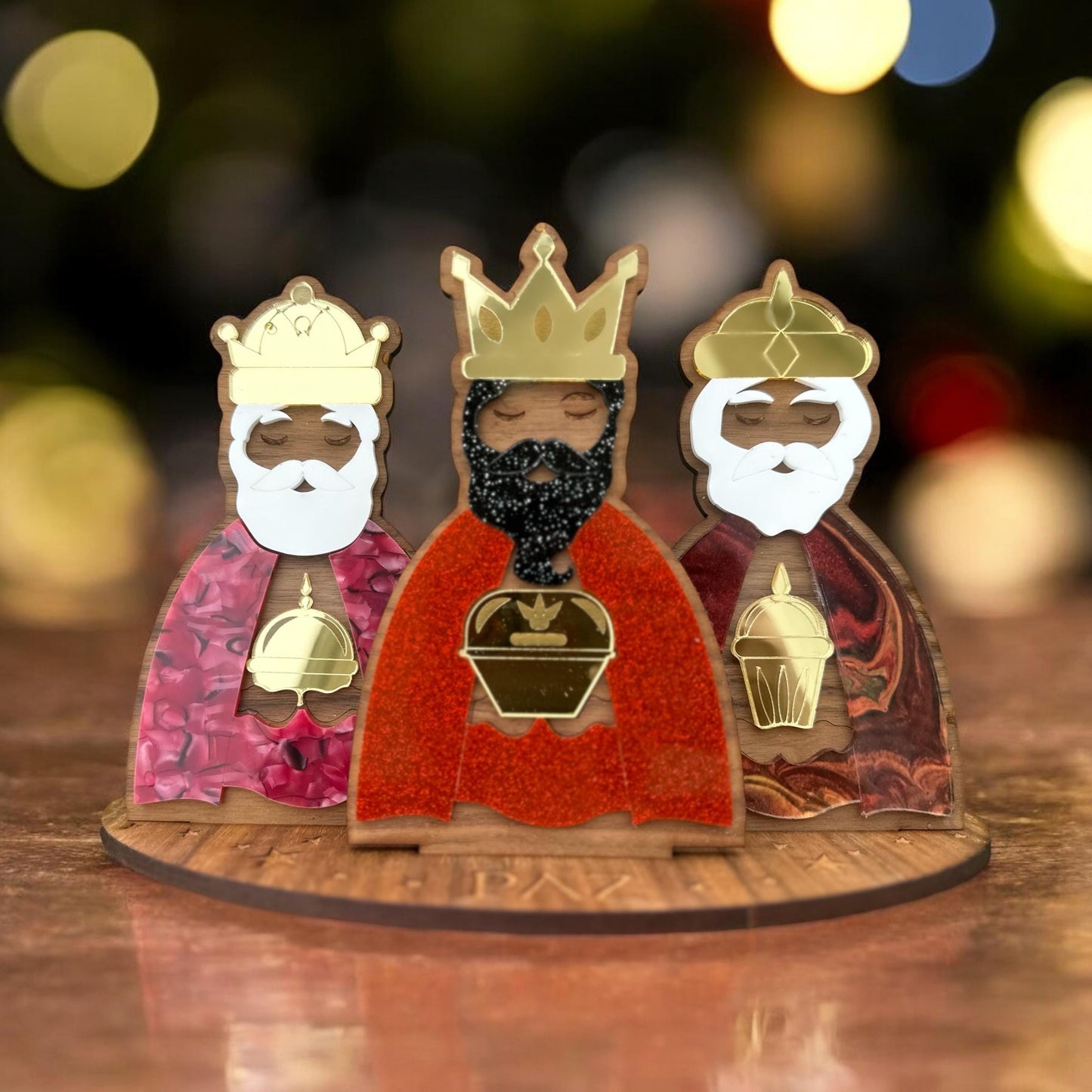 Handmade Mahogany Three Kings: Colorful acrylic tres Reyes Puerto Rico Art