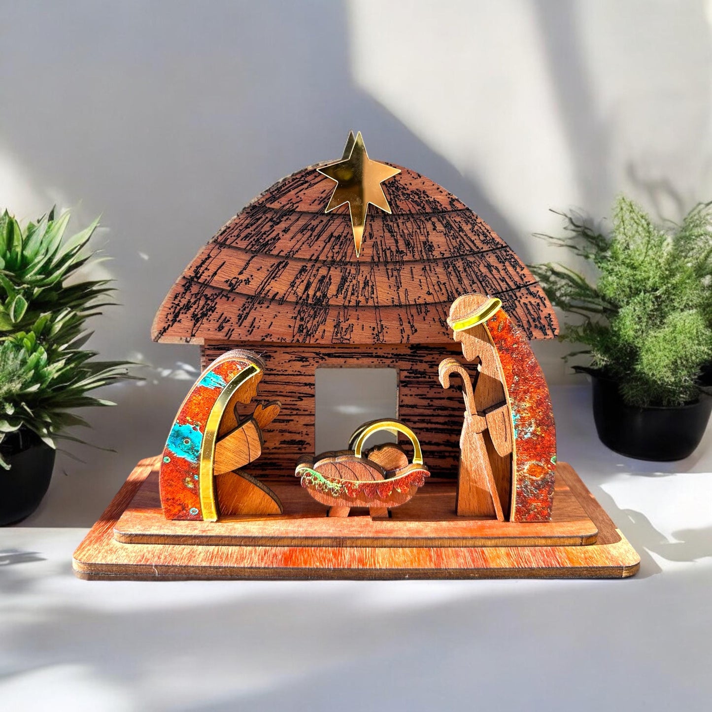 Handmade Wooden Nativity Set: Taino Bohío Crèche, Puerto Rico Art