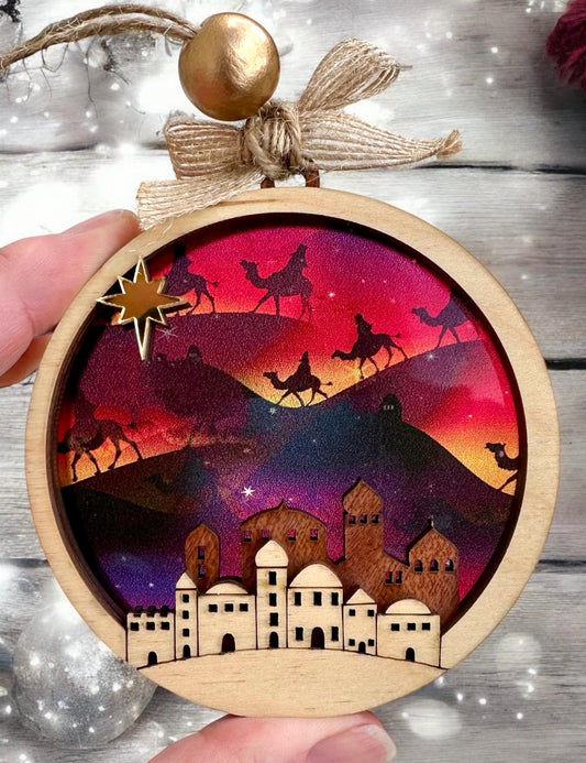 Three Kings Ornament: Multilayer Nativity Suncatcher, Handmade Wood Art