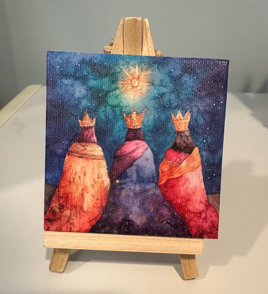 Three Kings Watercolor Canvas Art: Tiny Christmas Desk Decor