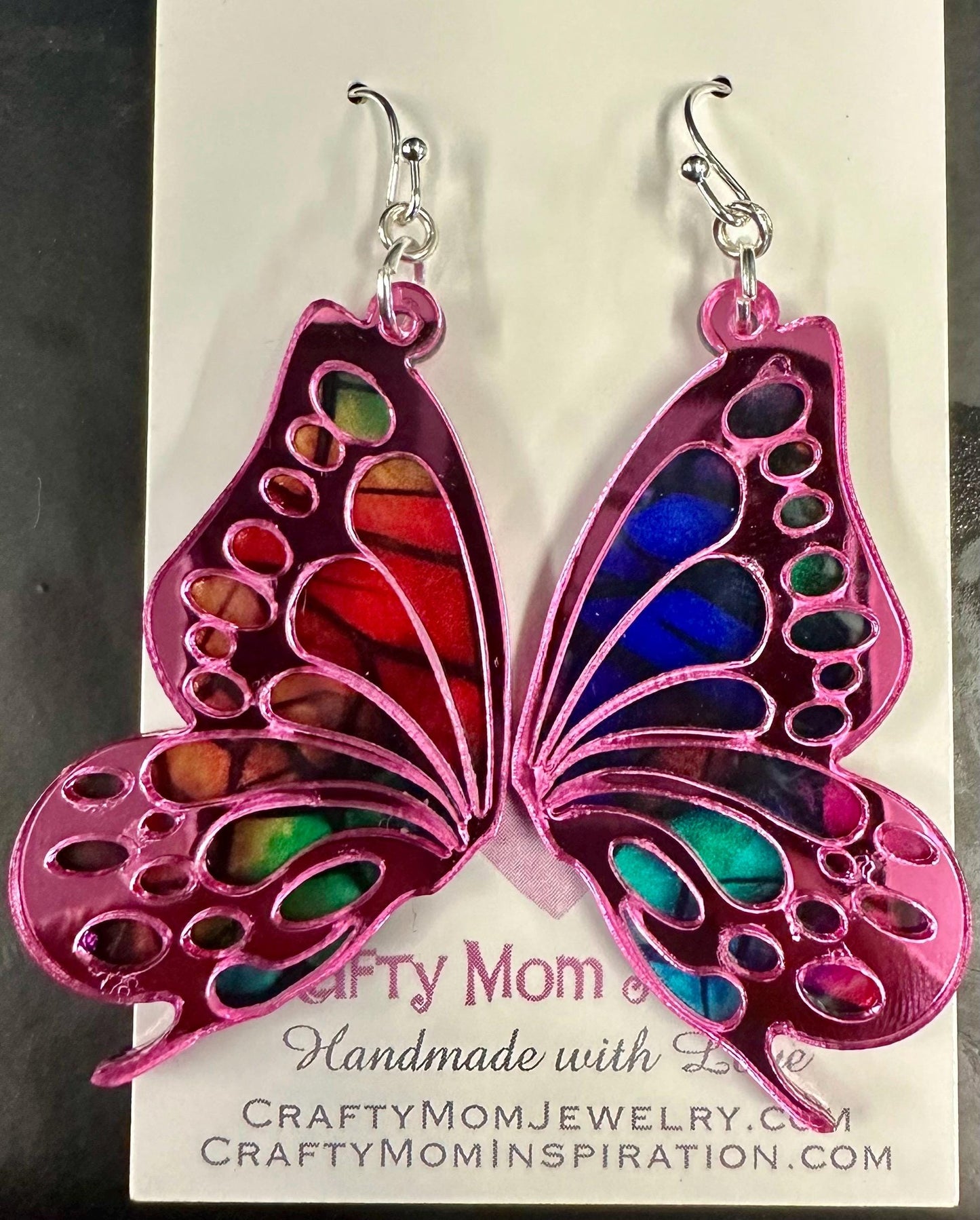 Butterfly Wing Dangle Earrings: Pink Mirror, Faux Stained Glass suncatcher jewelry