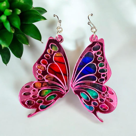 Butterfly Wing Dangle Earrings: Pink Mirror, Faux Stained Glass suncatcher jewelry