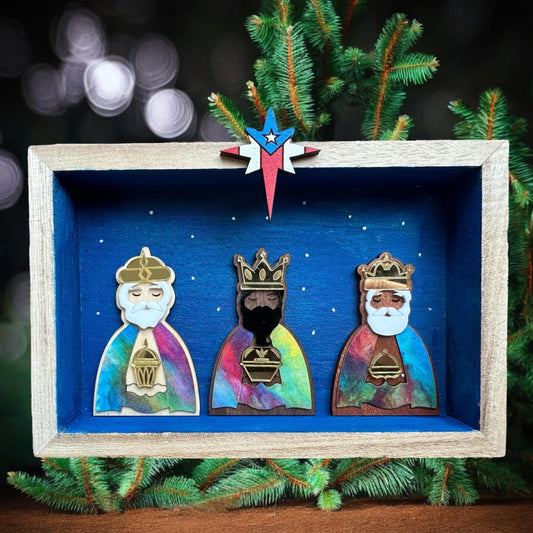 Three Kings Miniature: Puerto Rican Flag Star, Wood Veneer Nativity