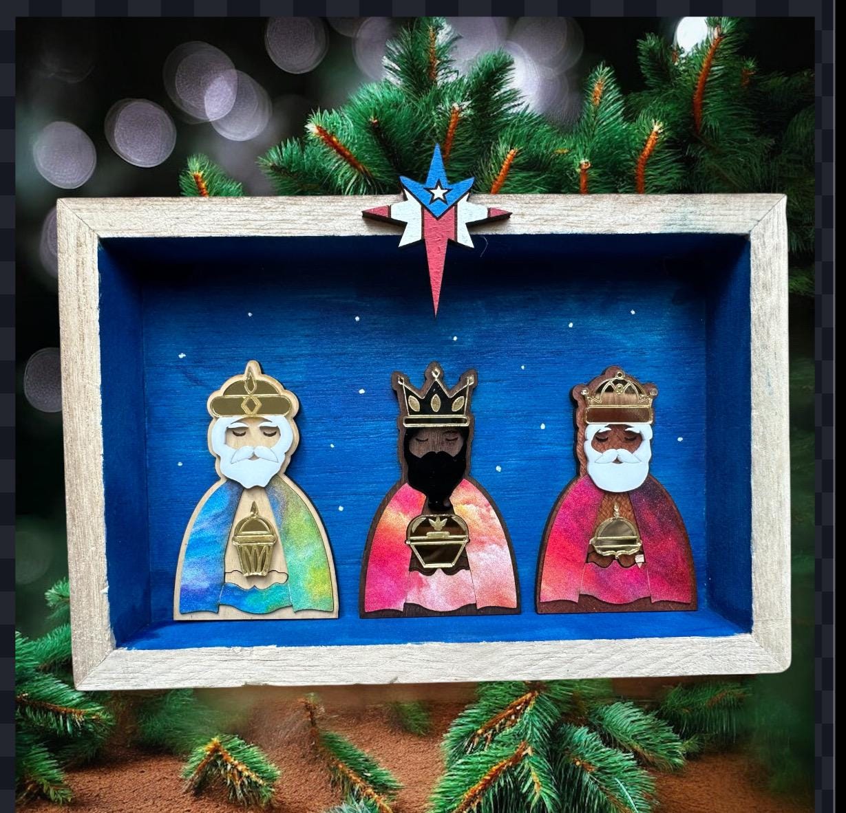 Three Kings Miniature: Puerto Rican Flag Star, Wood Veneer Nativity