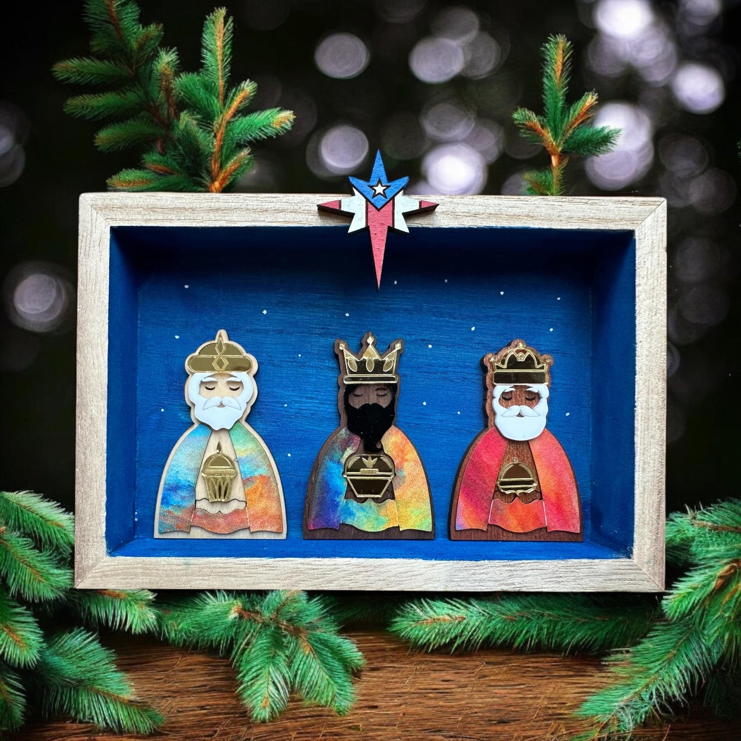 Three Kings Miniature: Puerto Rican Flag Star, Wood Veneer Nativity